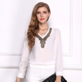 Fashion and retro copper decoration top blouse v-neck long sleeve t shirt women blouse